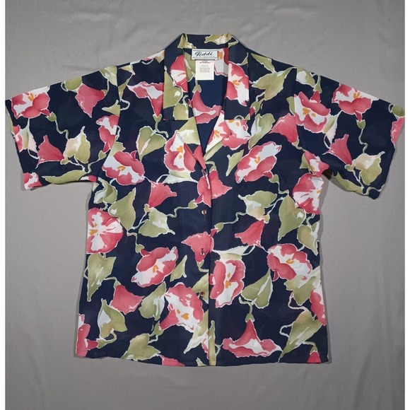 TEDDI OF CALIFORNIA Shirt Womens 14 Large Floral Hearts Blue Made In USA - Picture 1 of 4